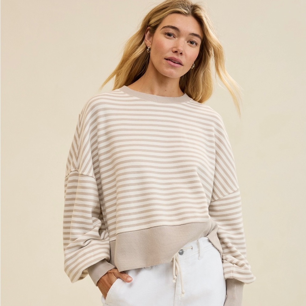 Aerie Classic Crew Striped Beige and White Sweatshirt M